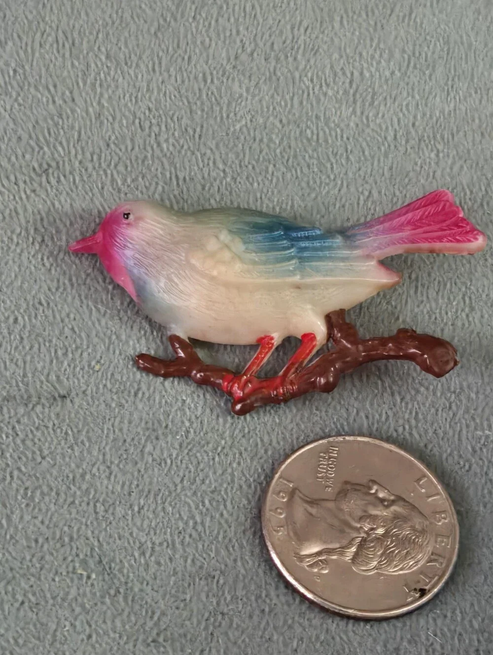 Vintage Celluloid Songbird Pin Brooch Painted Bluebird on Branch Japan 1940s 50s
